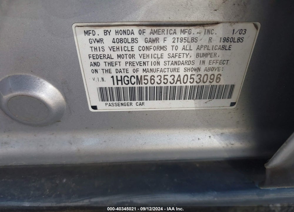 2003 HONDA ACCORD 2.4 LX VIN: 1HGCM56353A053096