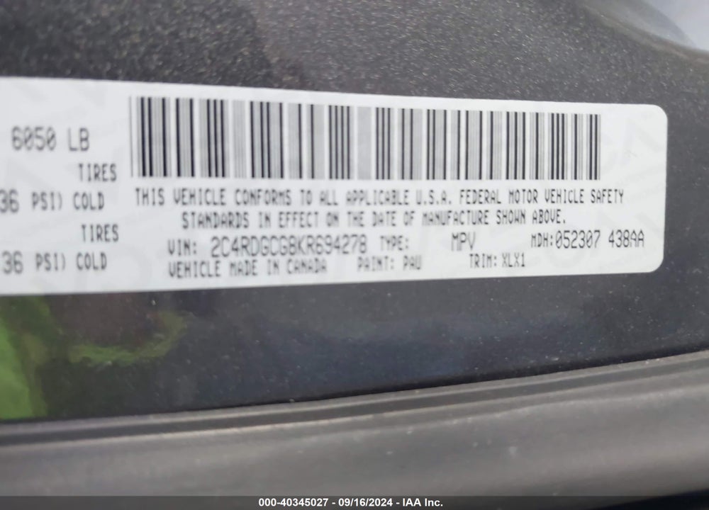 2019 DODGE GRAND CARAVAN SXT VIN: 2C4RDGCG8KR694278