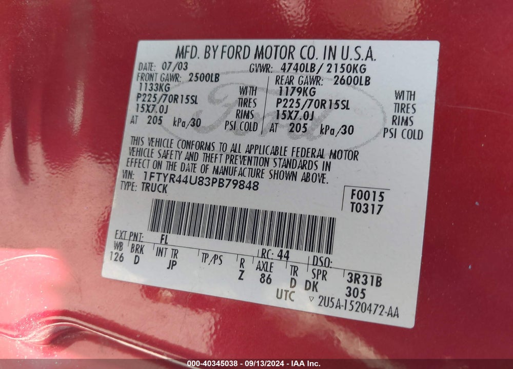 2003 FORD RANGER EDGE/TREMOR/XLT VIN: 1FTYR44U83PB79848