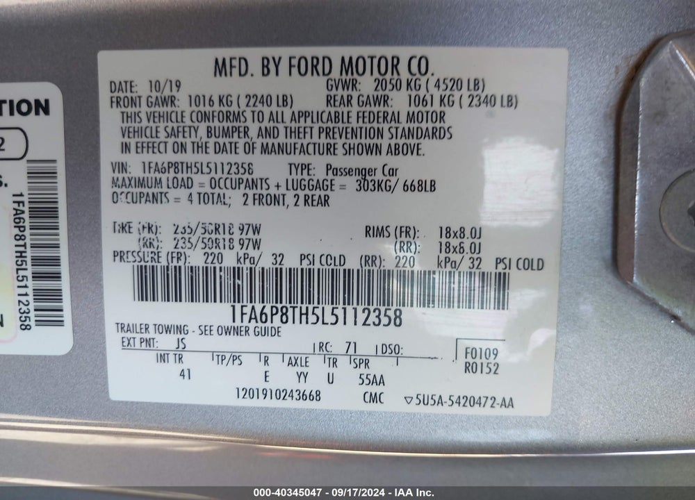 2020 FORD MUSTANG ECOBOOST PREMIUM FASTBACK VIN: 1FA6P8TH5L5112358