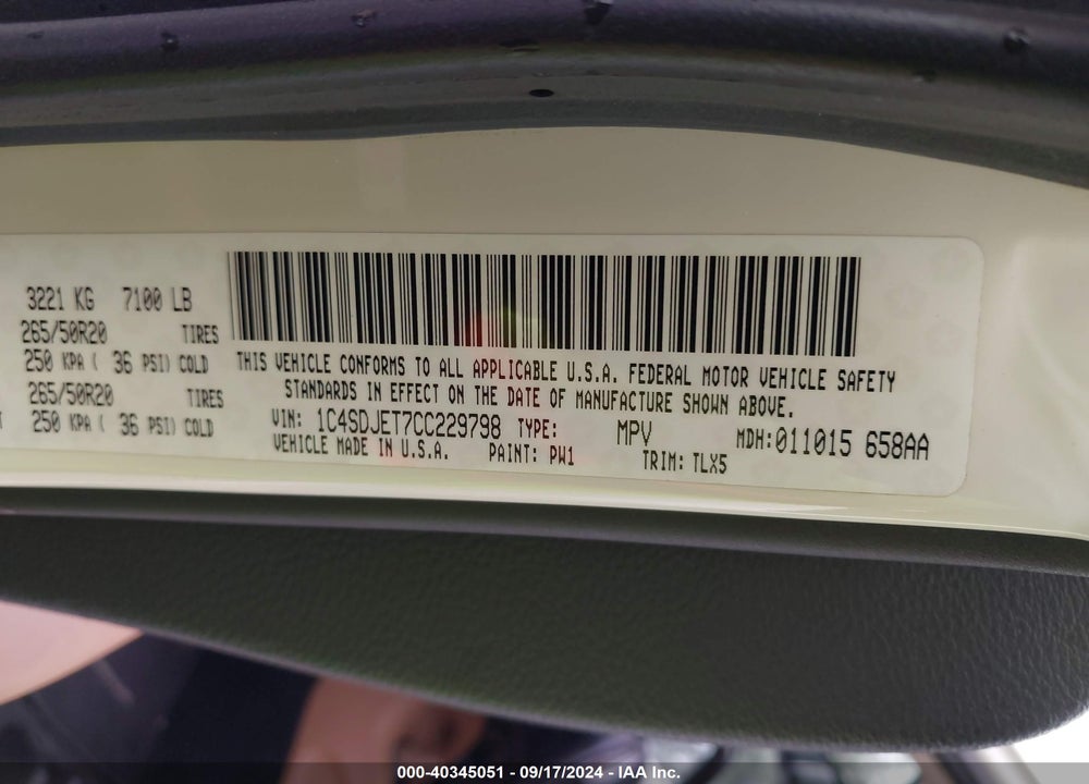 2012 DODGE DURANGO CITADEL VIN: 1C4SDJET7CC229798
