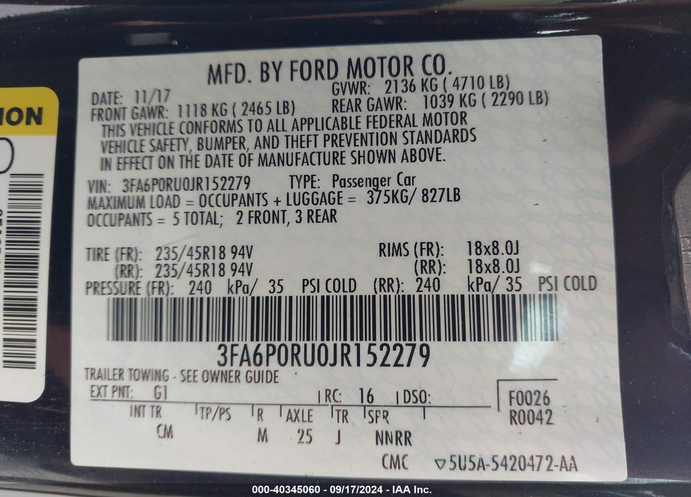 2018 FORD FUSION HYBRID TITANIUM VIN: 3FA6P0RU0JR152279