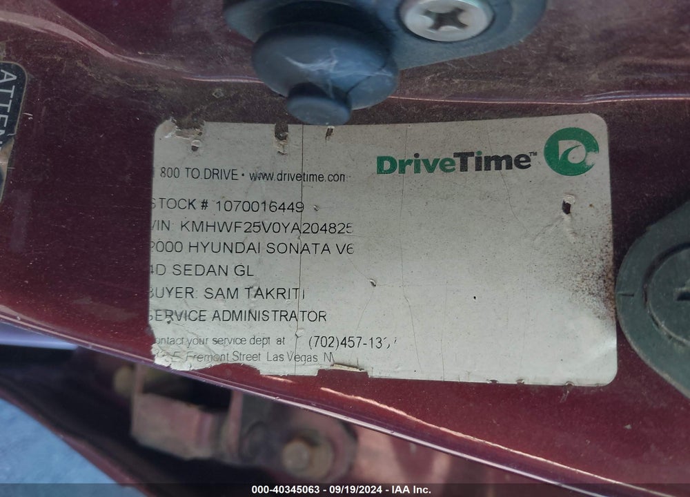 2000 HYUNDAI SONATA GLS V6 VIN: KMHWF25V0YA204825