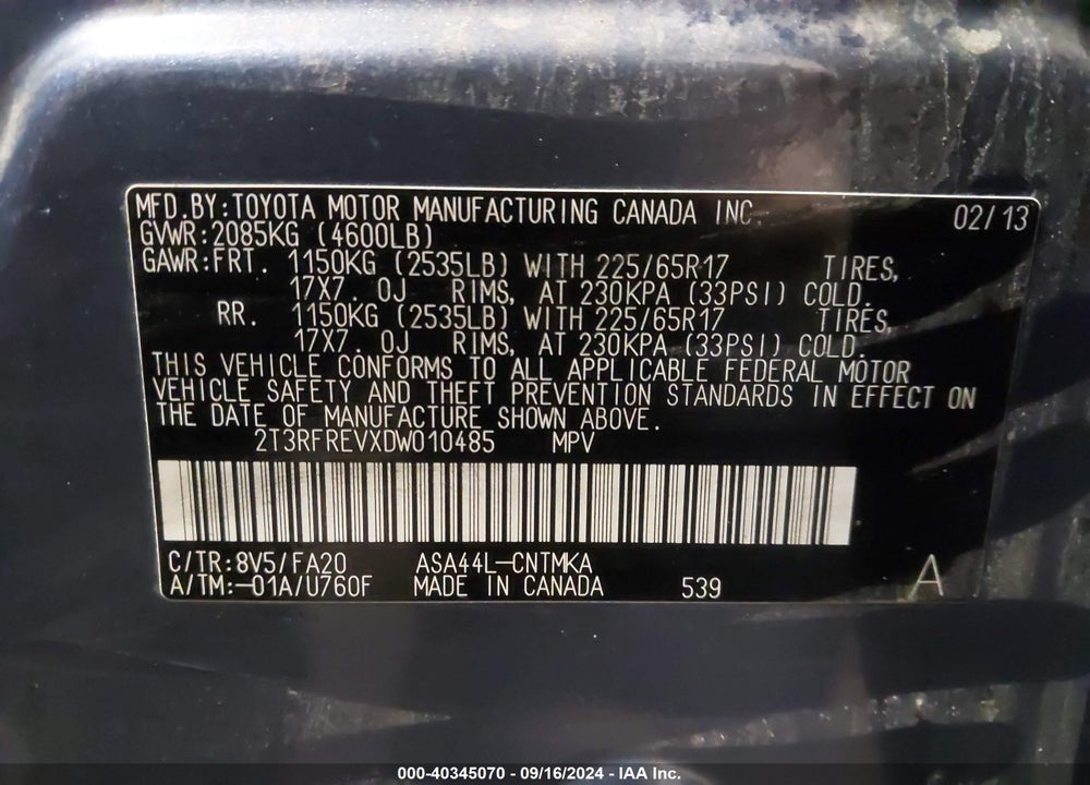 2013 TOYOTA RAV4 XLE VIN: 2T3RFREVXDW010485
