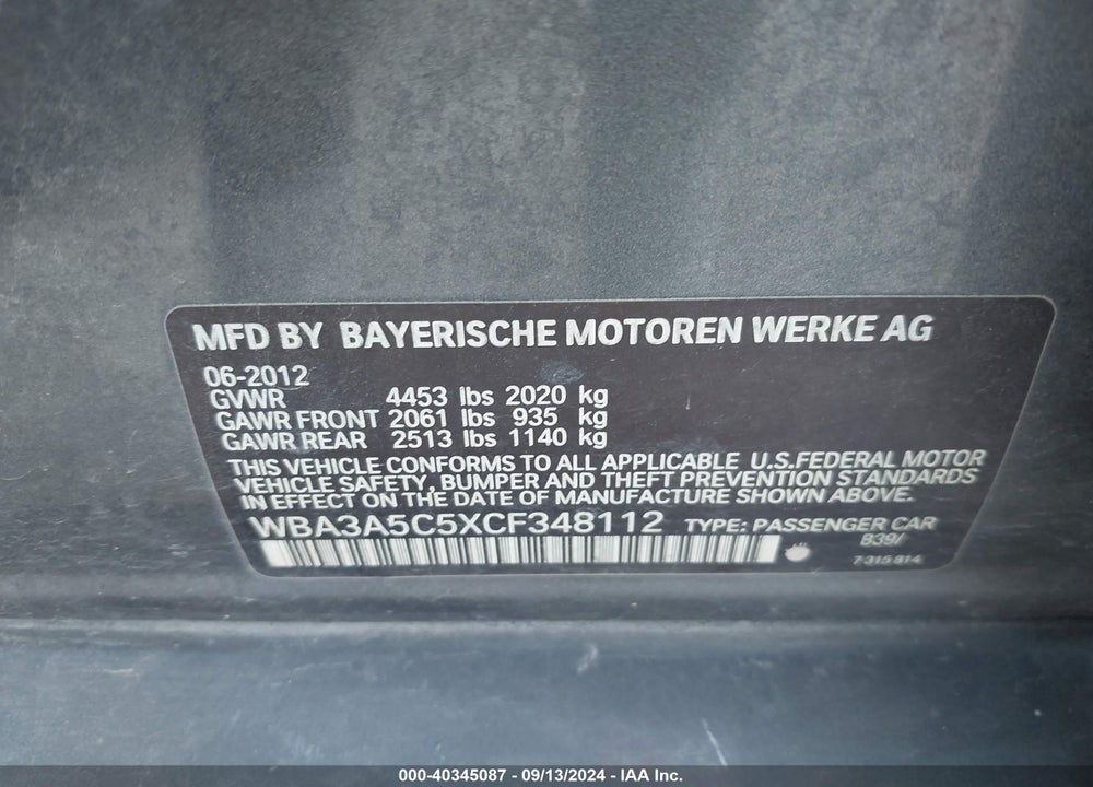 2012 BMW 328I VIN: WBA3A5C5XCF348112