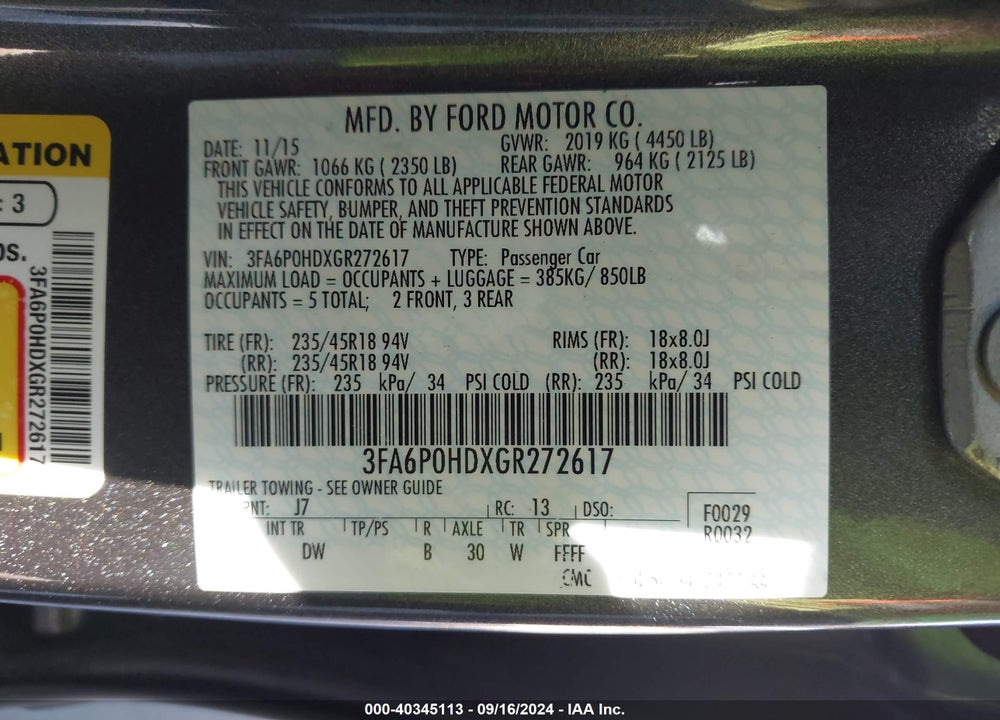 2016 FORD FUSION SE VIN: 3FA6P0HDXGR272617