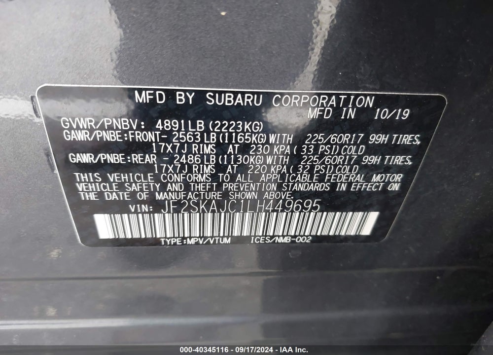 2020 SUBARU FORESTER PREMIUM VIN: JF2SKAJC1LH449695