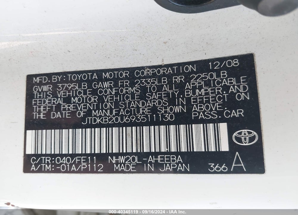 2009 TOYOTA PRIUS VIN: JTDKB20U693511130