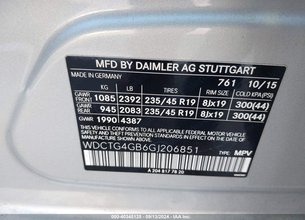 2016 MERCEDES-BENZ GLA 250 4MATIC VIN: WDCTG4GB6GJ206851