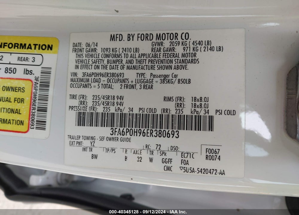 2014 FORD FUSION VIN: 3FA6P0H96ER380693