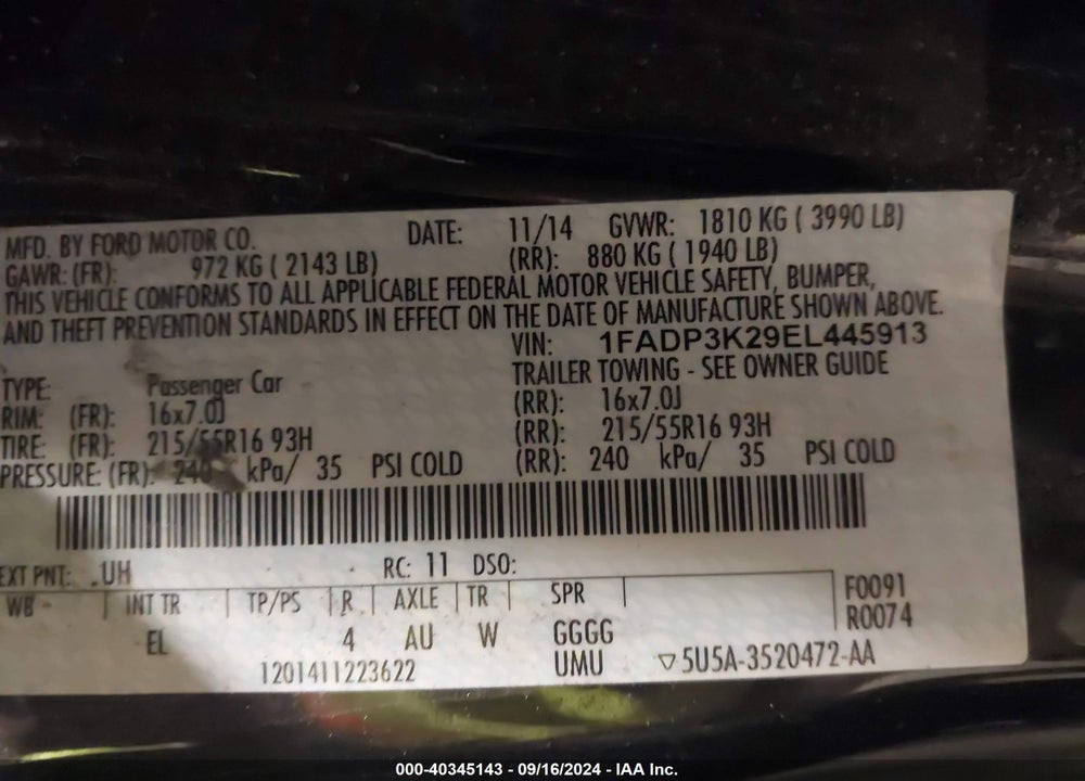 2014 FORD FOCUS SE VIN: 1FADP3K29EL445913