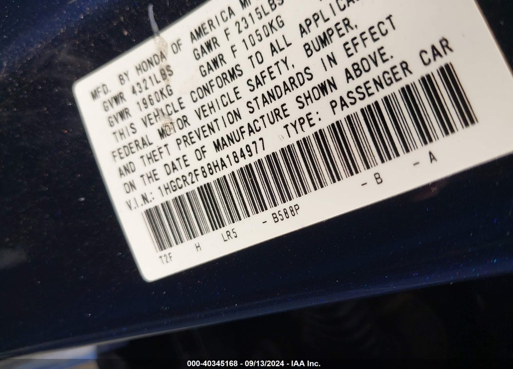 2017 HONDA ACCORD EX-L VIN: 1HGCR2F88HA184977
