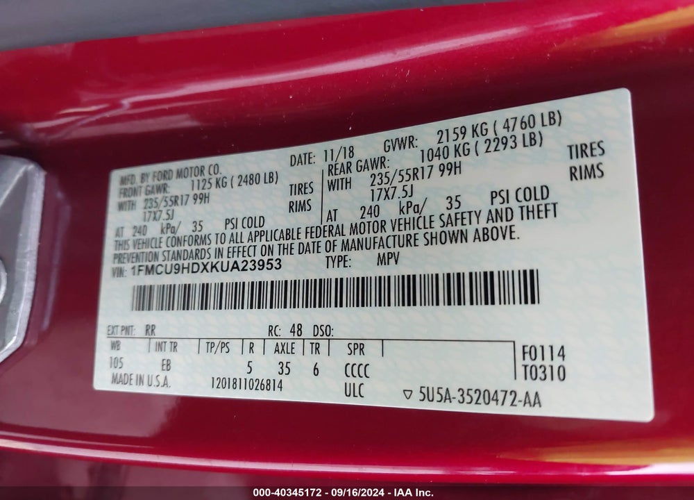2019 FORD ESCAPE SEL VIN: 1FMCU9HDXKUA23953