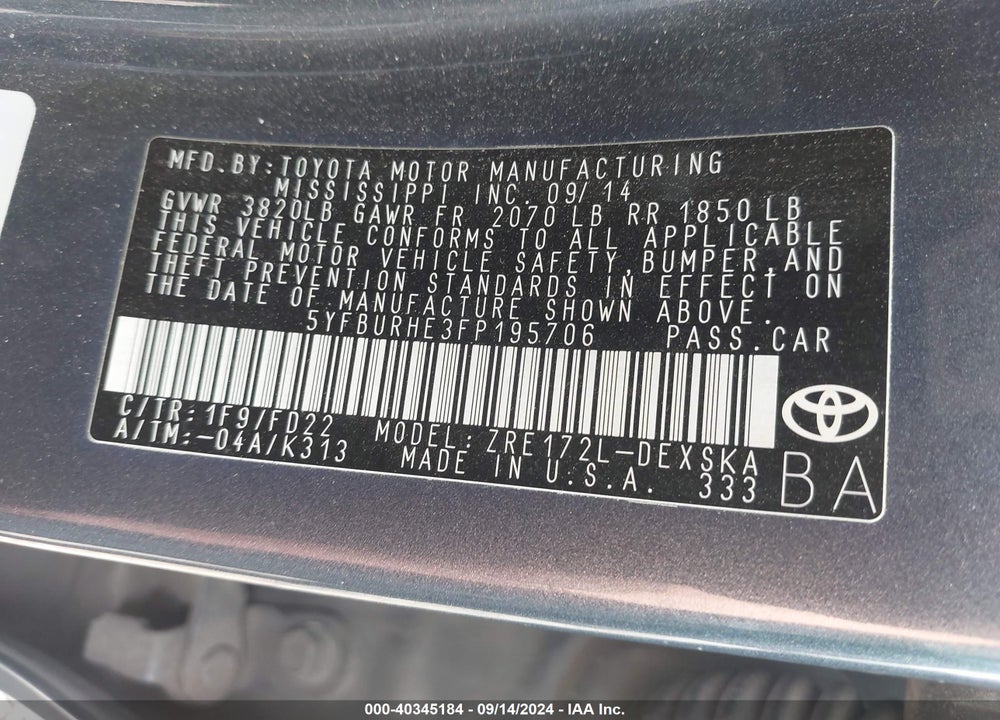 2015 TOYOTA COROLLA S VIN: 5YFBURHE3FP195706