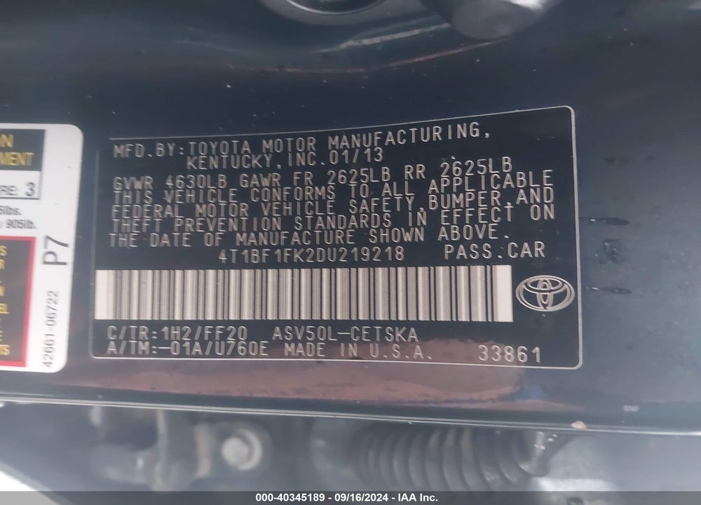 2013 TOYOTA CAMRY SE VIN: 4T1BF1FK2DU219218