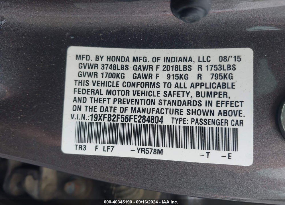 2015 HONDA CIVIC LX VIN: 19XFB2F56FE284804