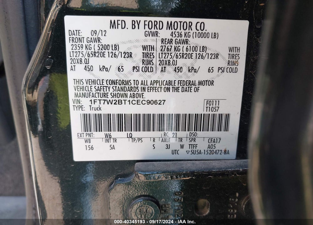 2012 FORD F-250 LARIAT VIN: 1FT7W2BT1CEC90627