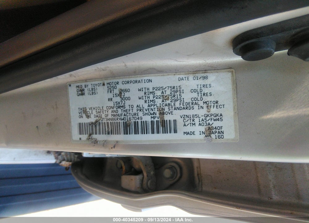 1998 TOYOTA 4RUNNER VIN: JT3HN86RXW0167049