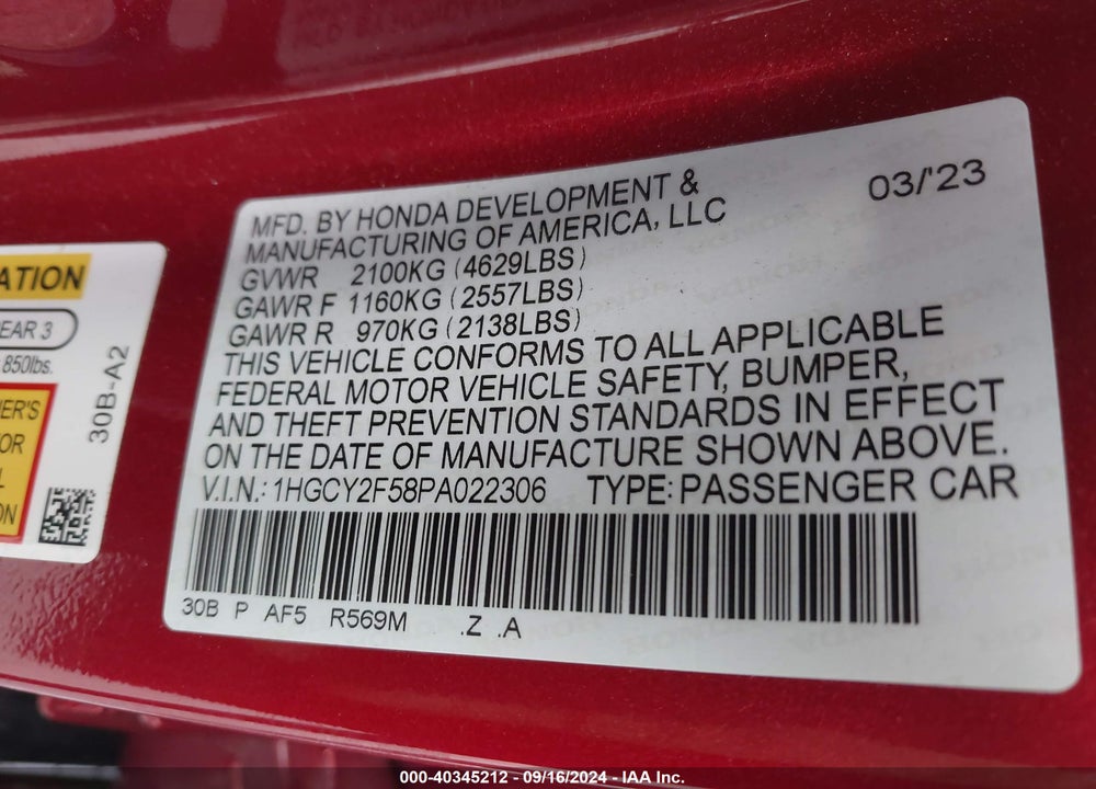 2023 HONDA ACCORD VIN: 1HGCY2F58PA022306