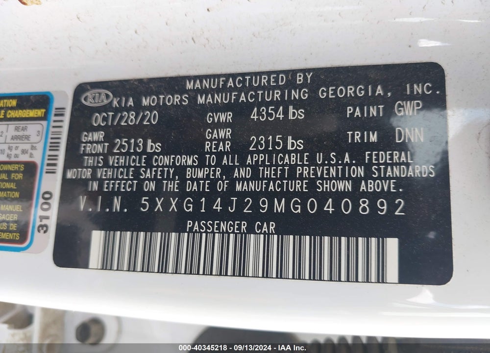 2021 KIA K5 LXS VIN: 5XXG14J29MG040892