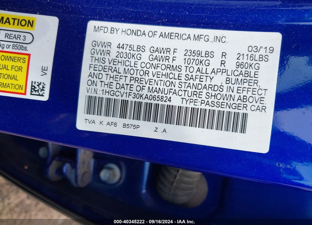 2019 HONDA ACCORD SPORT VIN: 1HGCV1F30KA065824