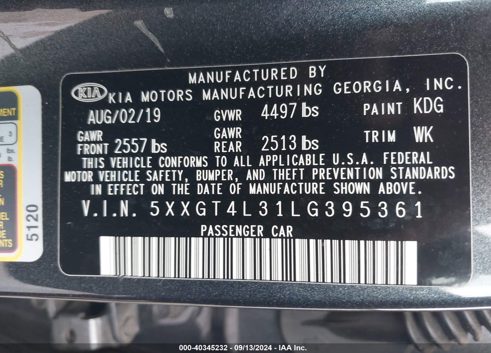 2020 KIA OPTIMA LX VIN: 5XXGT4L31LG395361
