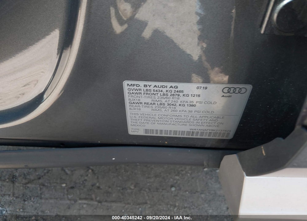 2019 AUDI Q5 45 PREMIUM VIN: WA1ANAFY8K2137424