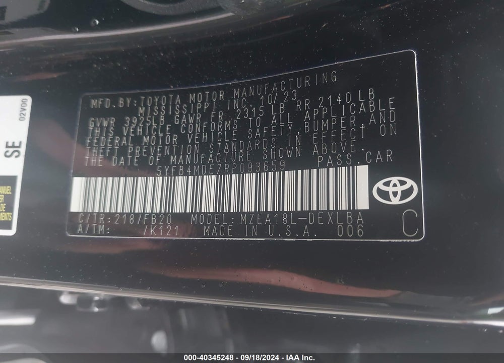 2024 TOYOTA COROLLA LE VIN: 5YFB4MDE7RP093659