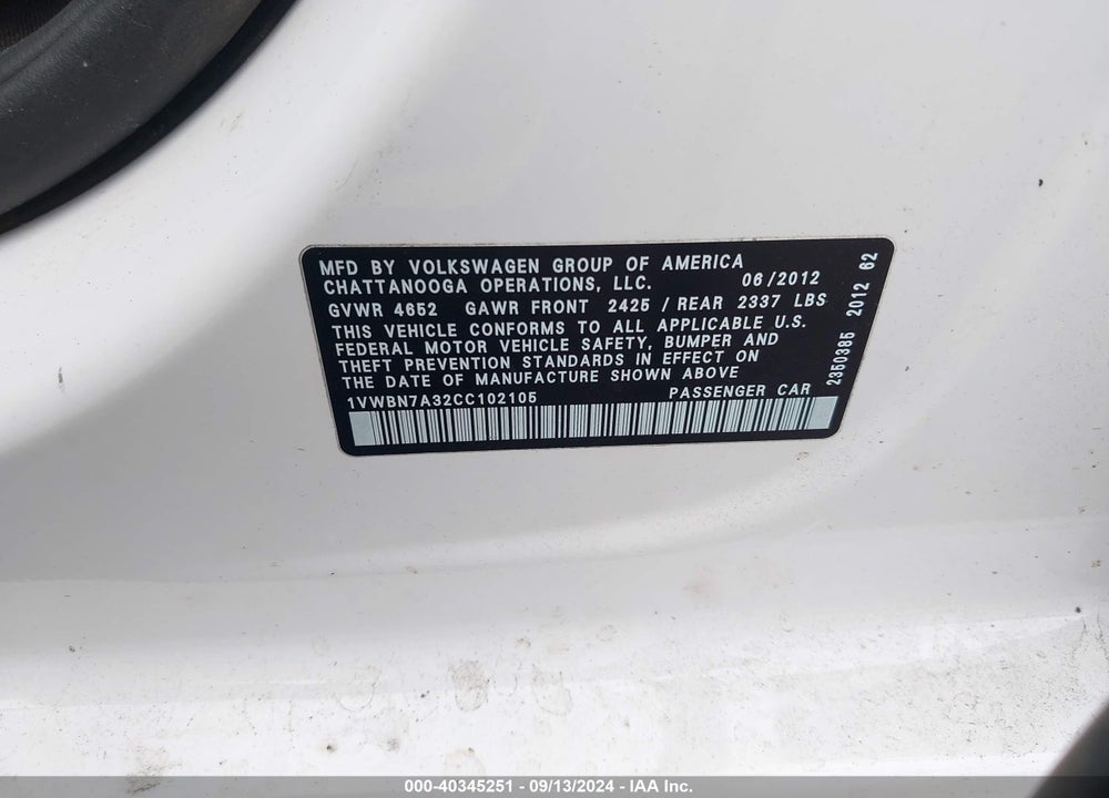 2012 VOLKSWAGEN PASSAT 2.0L TDI SE VIN: 1VWBN7A32CC102105