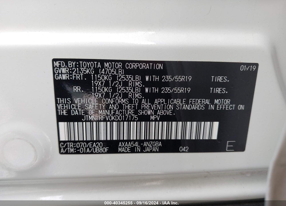 2019 TOYOTA RAV4 LIMITED VIN: JTMN1RFV0KD017175