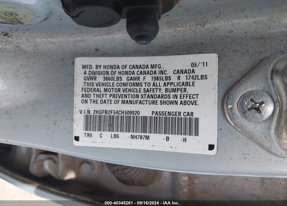 2012 HONDA CIVIC LX VIN: 2HGFB2F54CH509920