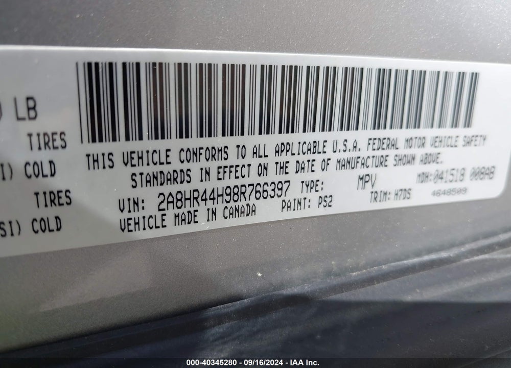 2008 CHRYSLER TOWN & COUNTRY LX VIN: 2A8HR44H98R766397