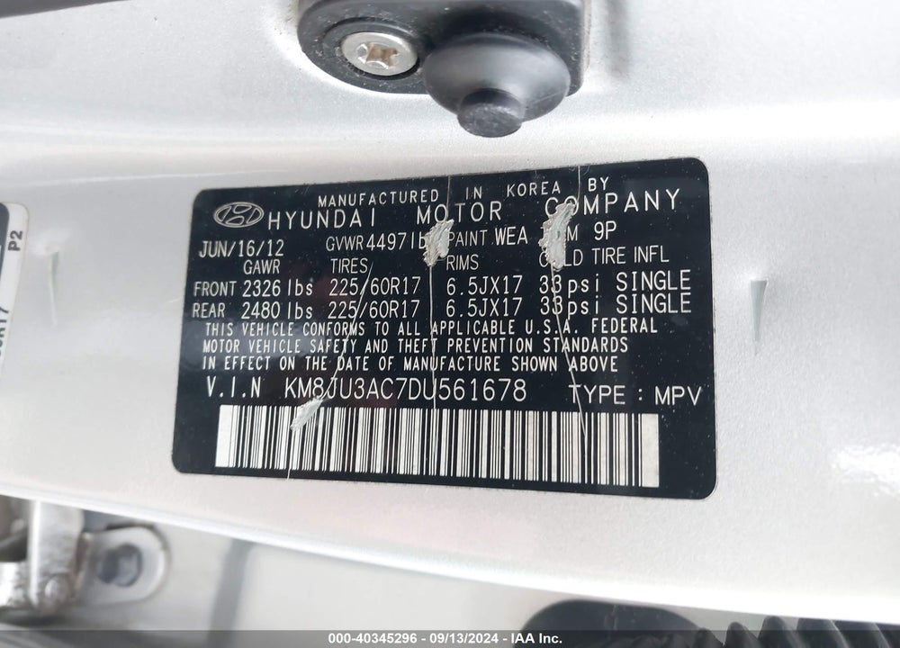 2013 HYUNDAI TUCSON GLS VIN: KM8JU3AC7DU561678