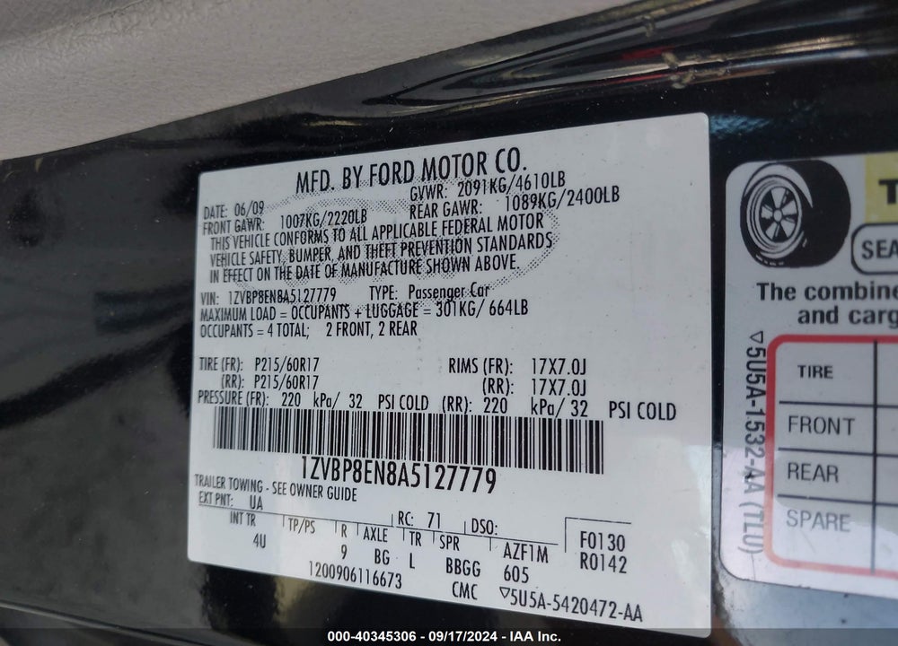 2010 FORD MUSTANG V6/V6 PREMIUM VIN: 1ZVBP8EN8A5127779