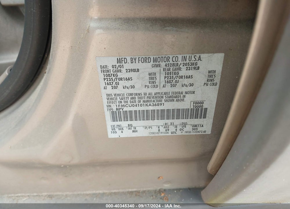 2001 FORD ESCAPE XLT VIN: 1FMCU04101KA36891