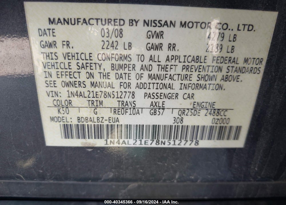 2008 NISSAN ALTIMA 2.5 S VIN: 1N4AL21E78N512778