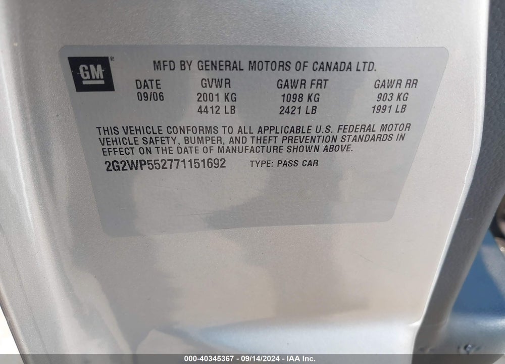2007 PONTIAC GRAND PRIX VIN: 2G2WP552771151692