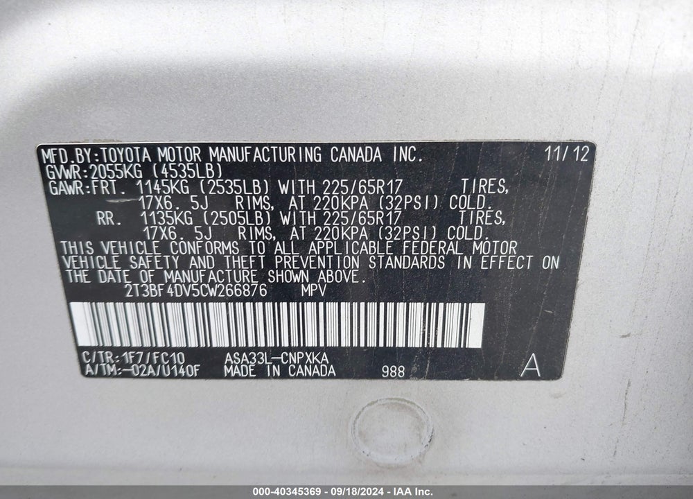 2012 TOYOTA RAV4 VIN: 2T3BF4DV5CW266876