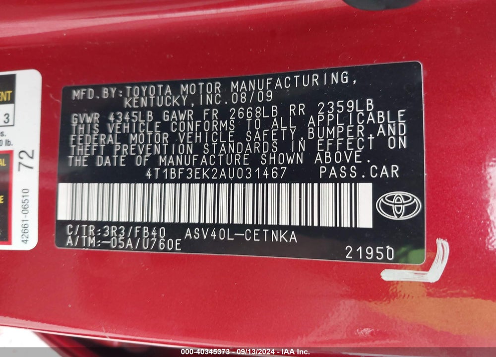 2010 TOYOTA CAMRY LE VIN: 4T1BF3EK2AU031467