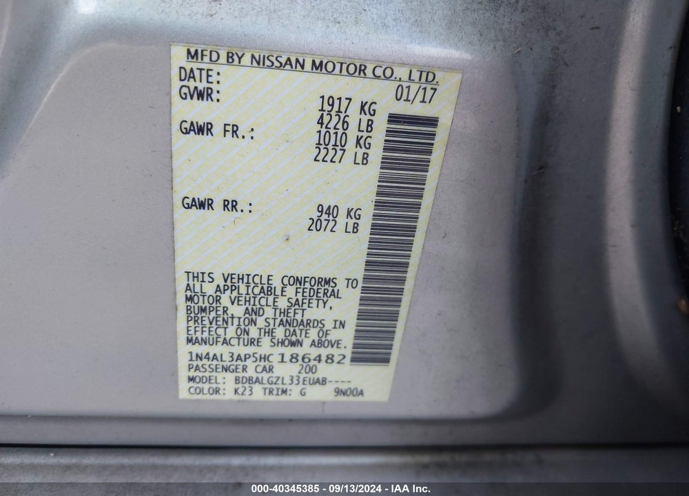 2017 NISSAN ALTIMA 2.5 S VIN: 1N4AL3AP5HC186482