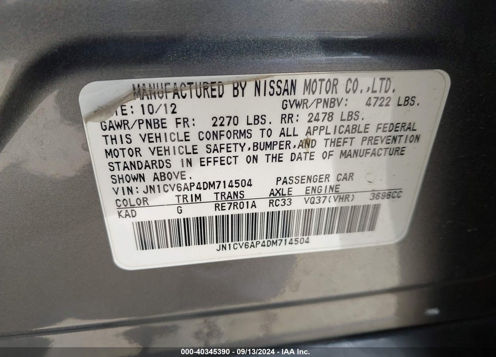 2013 INFINITI G37 JOURNEY VIN: JN1CV6AP4DM714504
