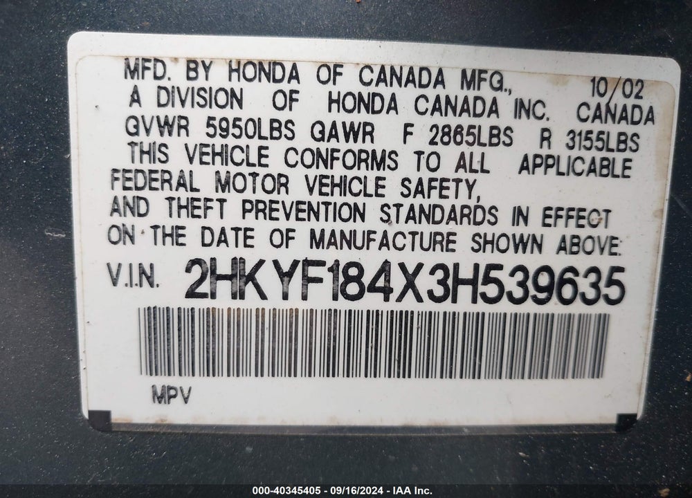 2003 HONDA PILOT EX VIN: 2HKYF184X3H539635