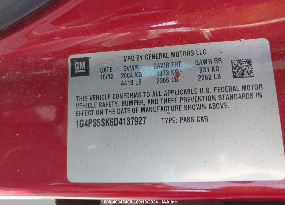 2013 BUICK VERANO LEATHER GROUP VIN: 1G4PS5SK6D4137927