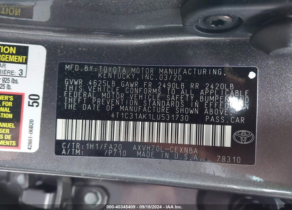 2020 TOYOTA CAMRY LE HYBRID VIN: 4T1C31AK1LU531730
