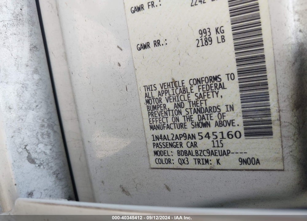 2010 NISSAN ALTIMA 2.5 S VIN: 1N4AL2AP9AN545160