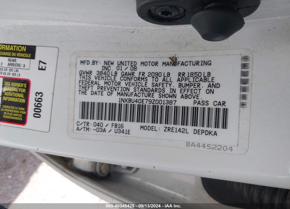 2009 TOYOTA COROLLA LE/S/XLE VIN: 1NXBU40E79Z001387