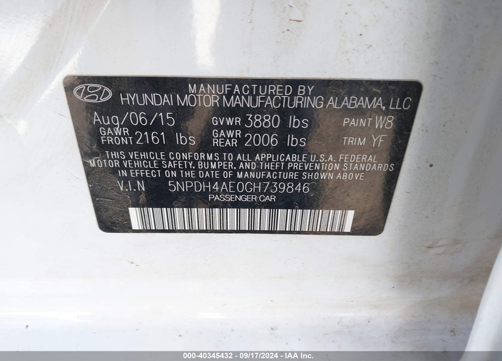 2016 HYUNDAI ELANTRA SE VIN: 5NPDH4AE0GH739846