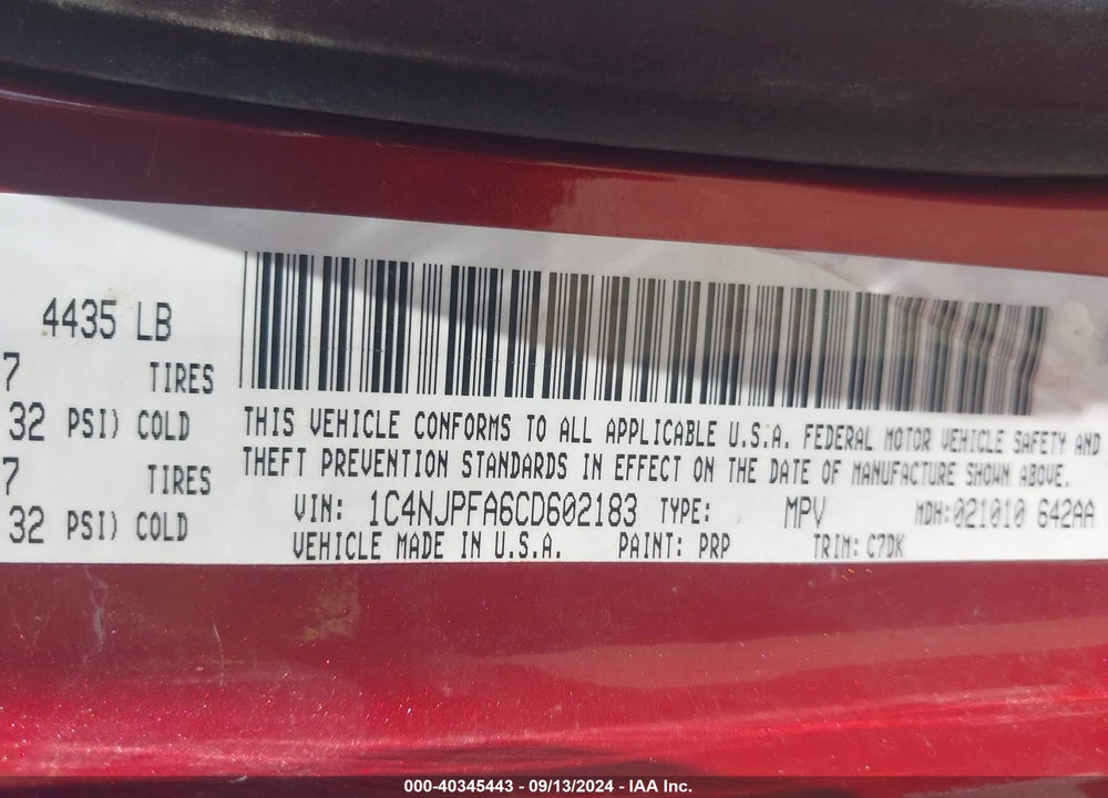 2012 JEEP PATRIOT LATITUDE VIN: 1C4NJPFA6CD602183