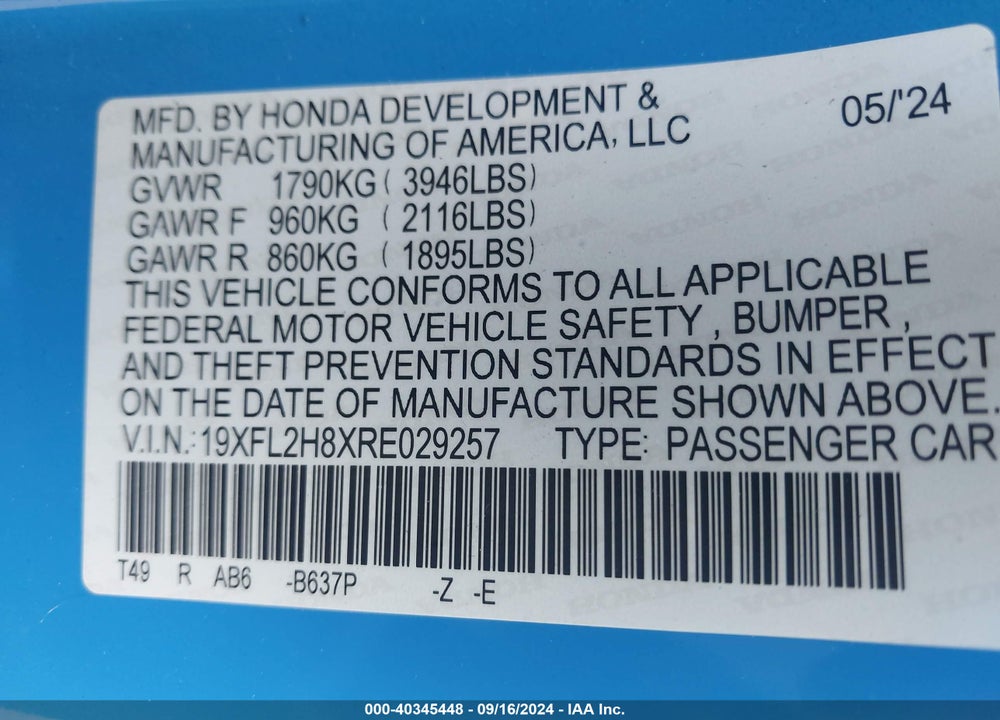 2024 HONDA CIVIC SPORT VIN: 19XFL2H8XRE029257