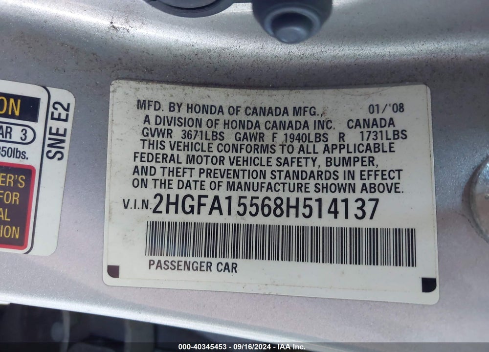 2008 HONDA CIVIC LX VIN: 2HGFA15568H514137
